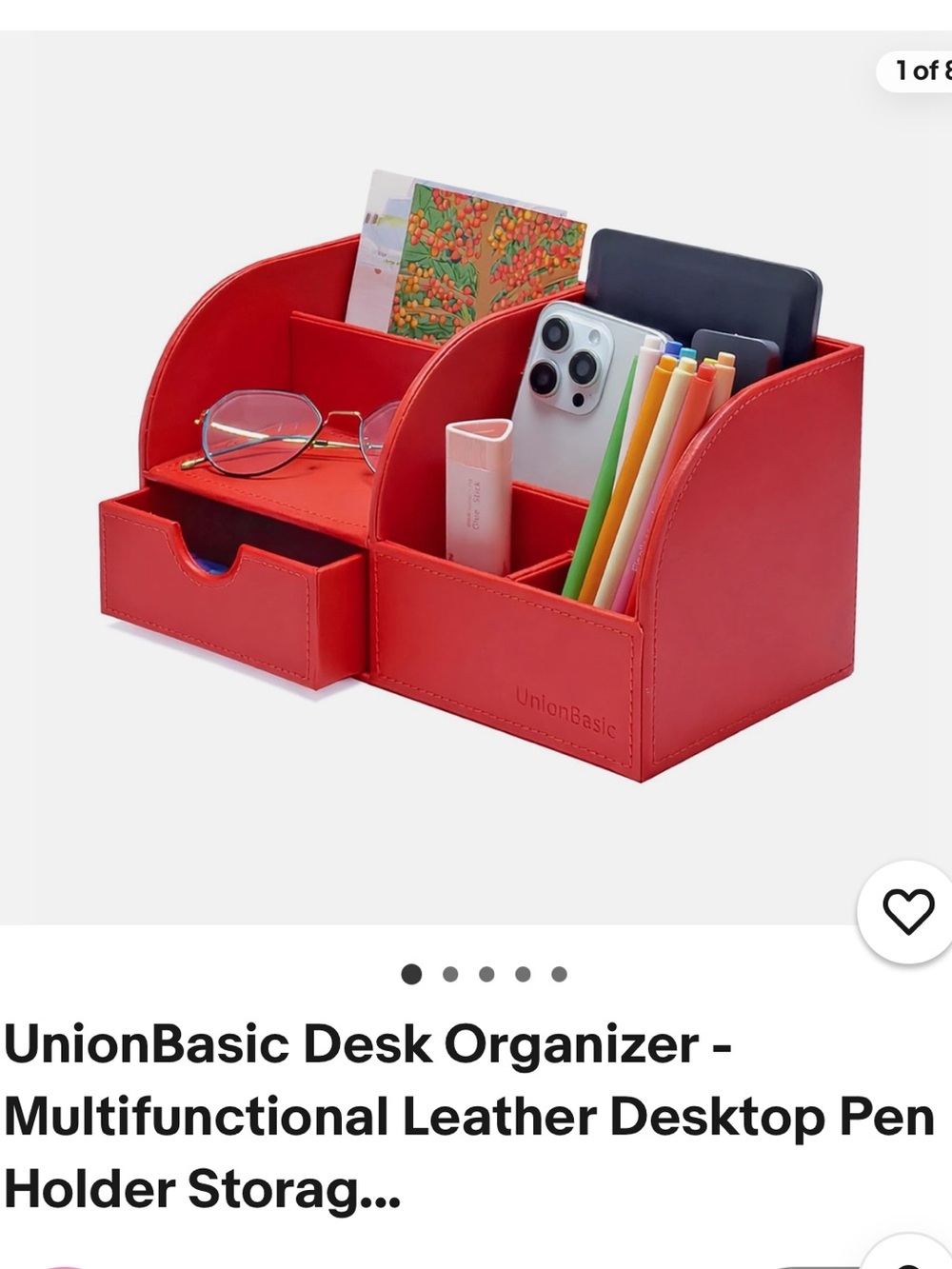 UnionBasic Red Leather Desk Organizer - Multifunctional Home Office Storage